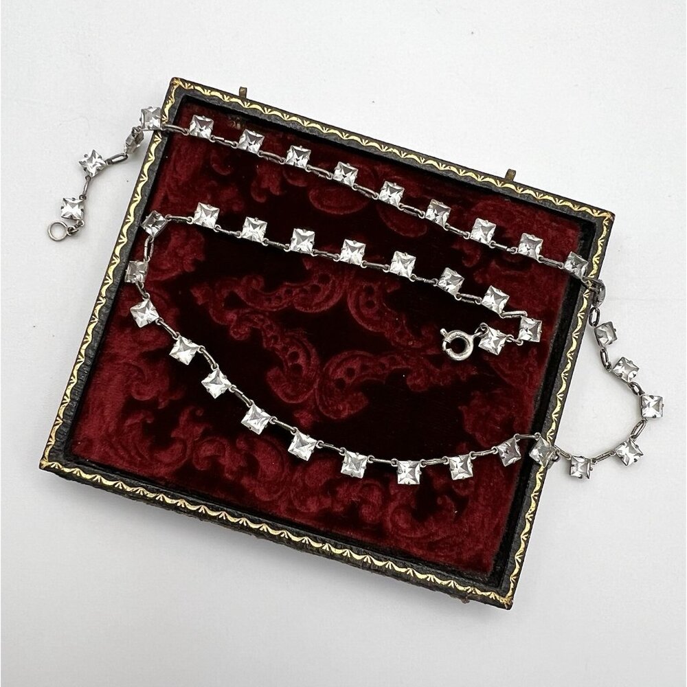 Antique Art Deco Dainty Sterling Silver Open Back Crystal Necklace - Picture 4 of 13